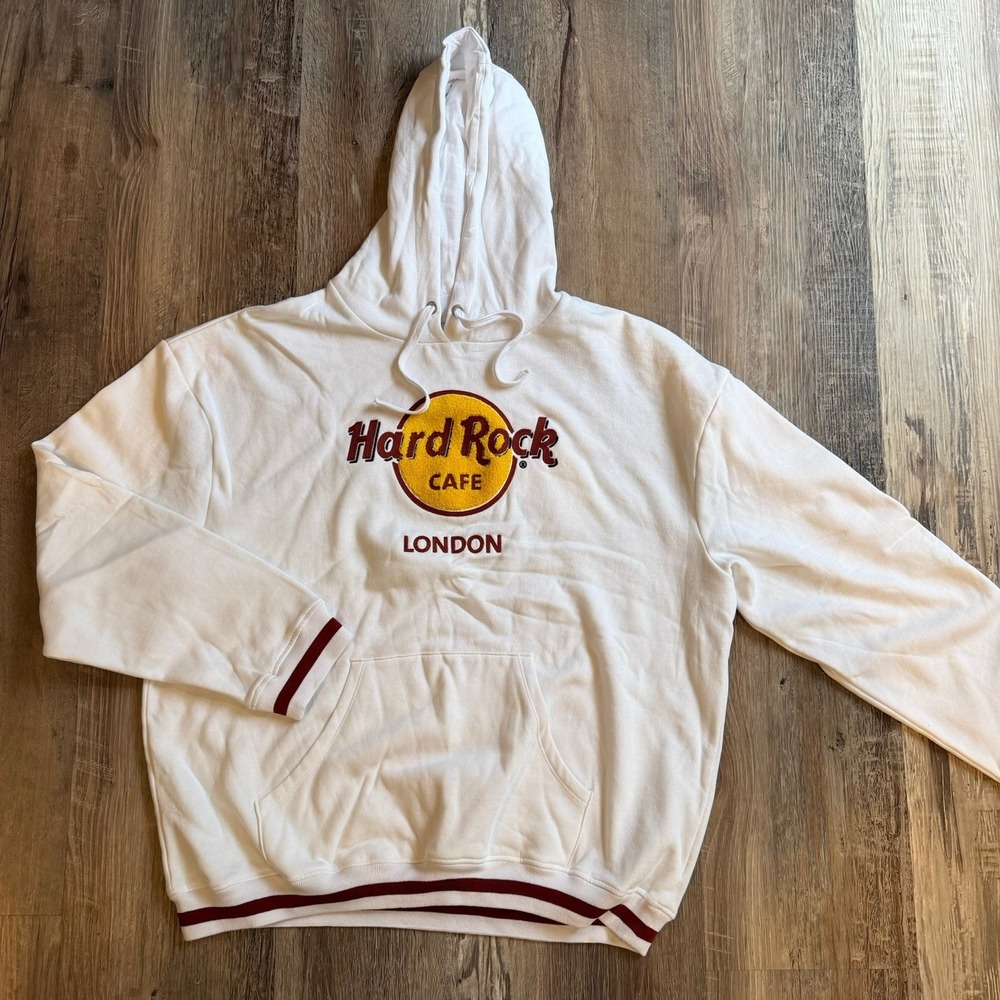 Hard Rock Cafe London Raised Embroidery Classic Logo Hoodie White Size XL